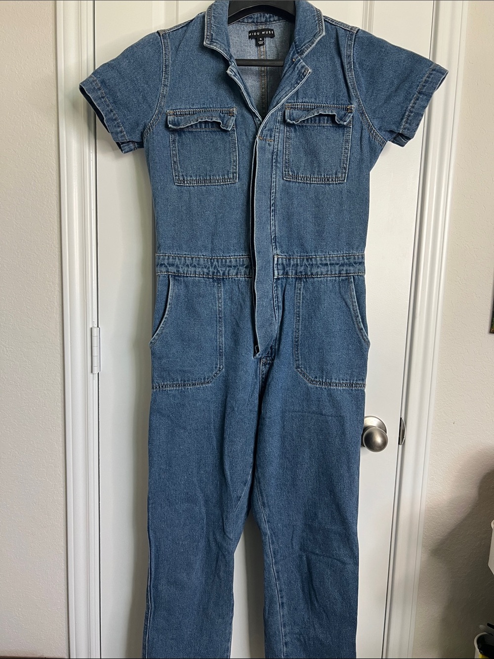 Women's Blue Denim Short-Sleeve Utility Jumpsuit